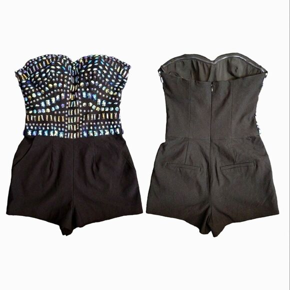 GUESS Black Jewel Embellished Strapless Festie Stretch Romper Shorts Size 2 - Picture 4 of 15